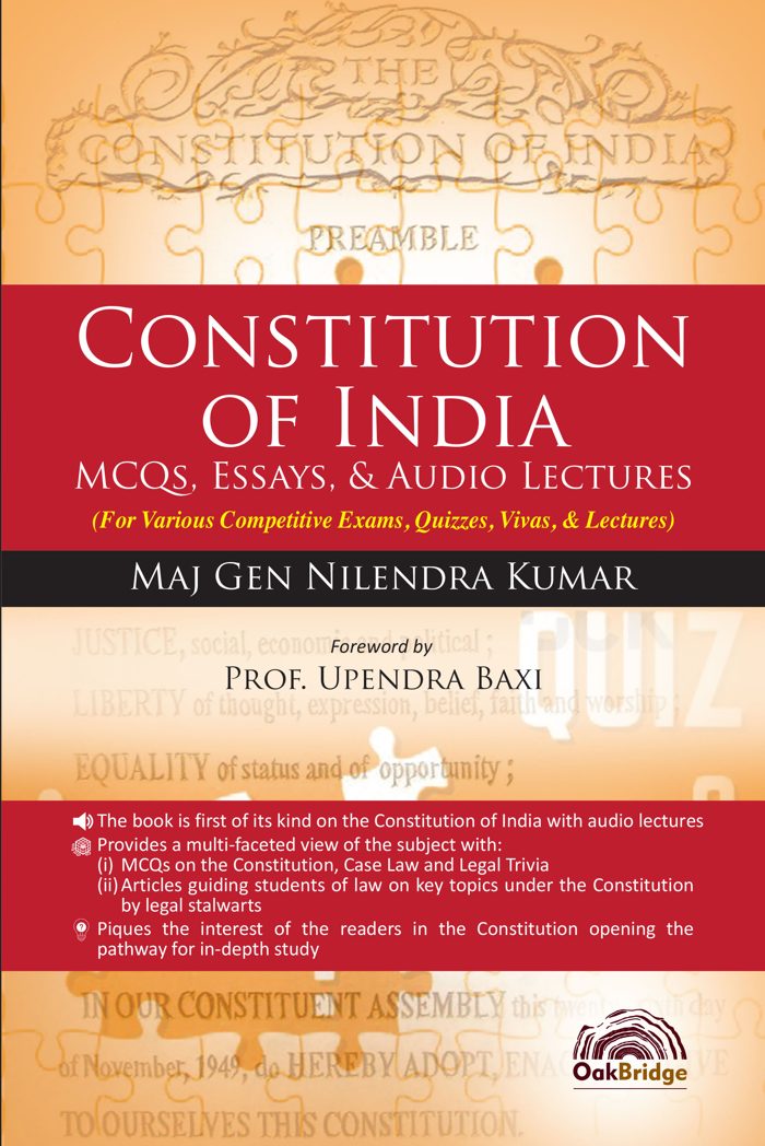 Constitution of India - MCQs, Essays & Lectures — book cover, by Maj Gen Nilendra Kumar